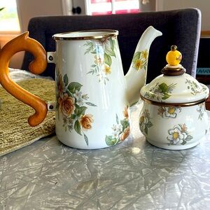 Vintage Mackenzie Childs 1995 Camp Floral Enamel Teapot with sugar dish